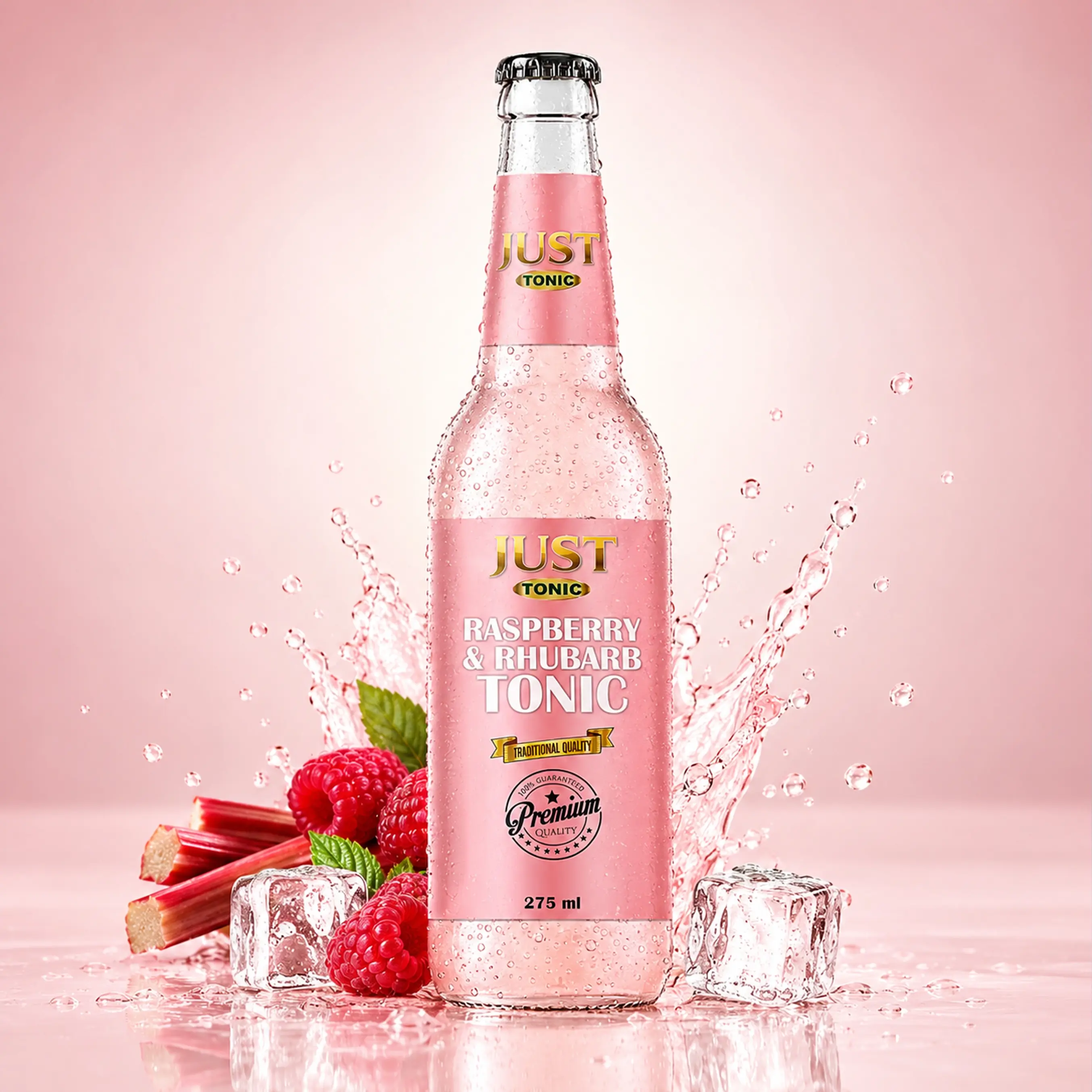 JUST Tonic Raspberry and Rhubarb Tonic 275ml glass bottle with raspberries, rhubarb, ice cubes, condensation, and pink water splashes.